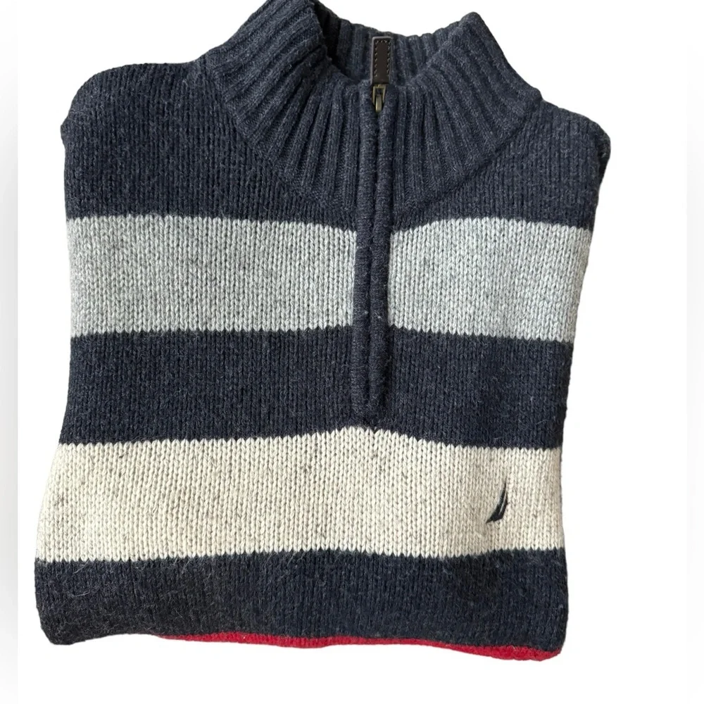 Nautica Mens Knitted Wool Blend Tripe 1/4 Zip Up Pull Over Sweater‎ Size XL